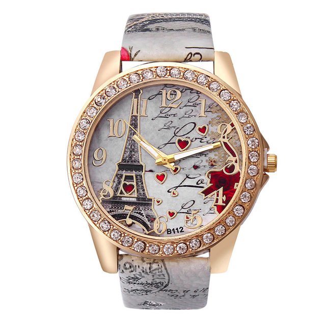 CSEONEQ Clearance Promotion Fashion Women Crystal Golden Leather Analog Quartz Wrist Watch