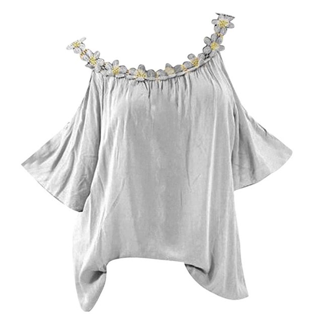 Birdeem T-Shirt Blouse Sans Bretelles à Épaules Dénudées pour Femmes Grande Taille avec Col Rond Appliqué et Fleurs