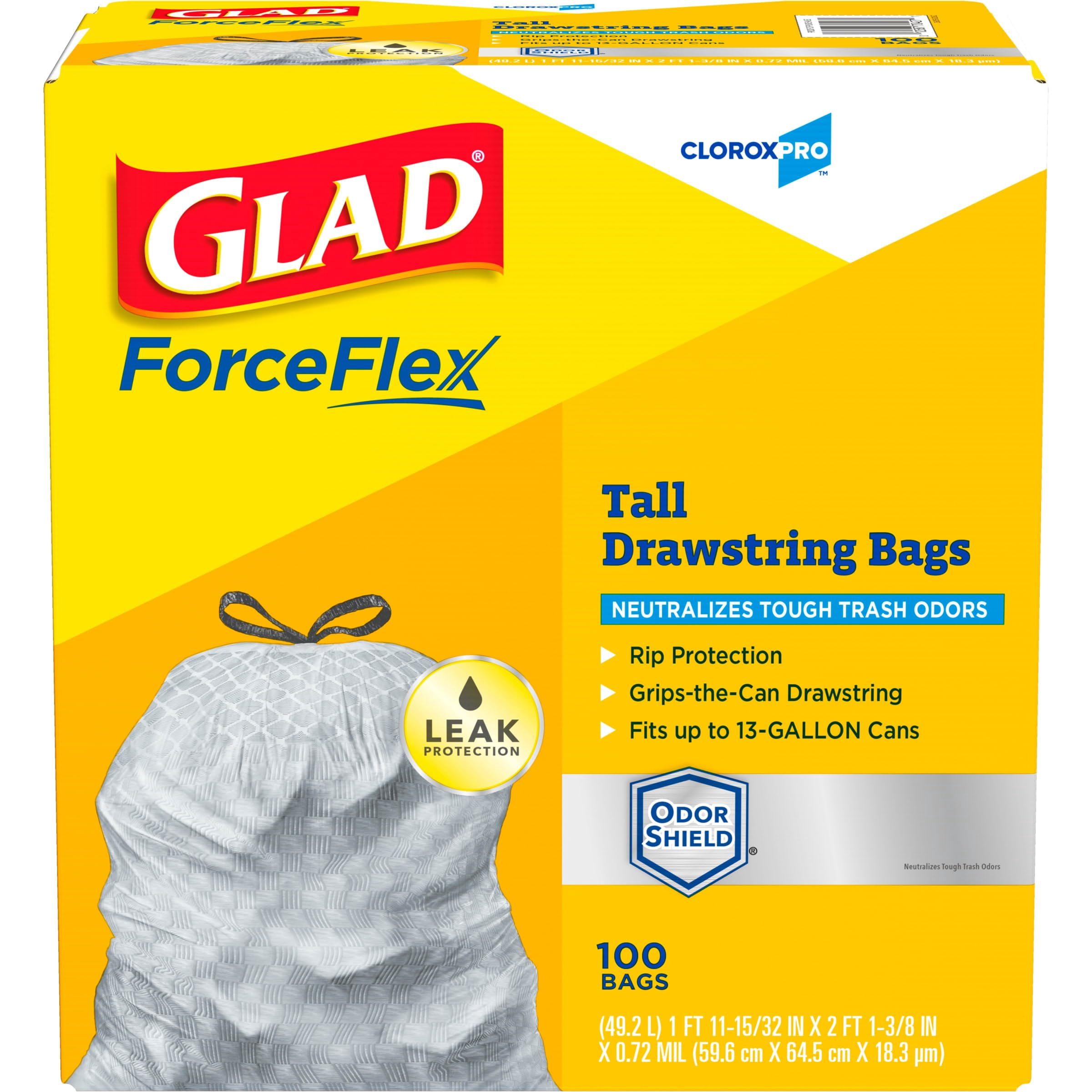 Glad Trash Bags, ForceFlex Tall Kitchen Drawstring Garbage Bags, Clorox 13 Gallon Trash Bags for Tall Trash Can, Industrial Cleaning, Unscented, 100 Count - 70427