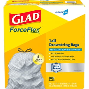 Glad Trash Bags, ForceFlex Tall Kitchen Drawstring Garbage Bags, Clorox 13 Gallon Trash Bags for Tall Trash Can, Industrial Cleaning, Unscented, 100 Count - 70427