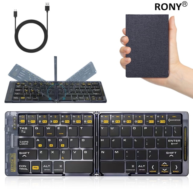 RONY Foldable Bluetooth Keyboard in black, featuring a compact, foldable design for portability. The keyboard includes scissor-switch keys for quiet and smooth typing, a seamless metal hinge for stability, and Bluetooth 5.1 technology for connecting up to three devices simultaneously. It is compatible with Windows, Mac OS, iOS, and Android. The image shows the keyboard unfolded, folded, and being held in hand to demonstrate its size. Accessories include a Type-C charging cord and a product manual.