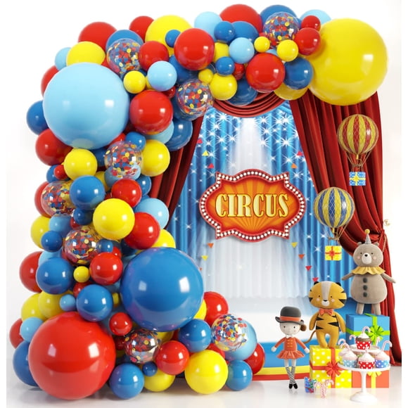 Ensemble d'Arche et Guirlande de Ballons de Cirque Tout-en-1 pour Décorations de Fête de Carnaval à Thème – Ballons de Couleur Primaire en Rouge Bleu Jaune et Confettis Arc-en-Ciel – Fournitures pour Fête Prénatale, Cirque et Anniversaire