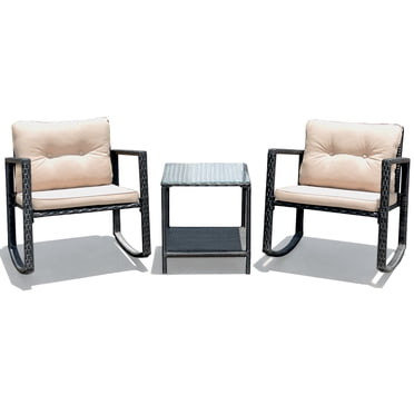 Patiojoy 3 PCS Patio Rattan Wicker Chair Table Set Wicker Rattan Furniture Beige