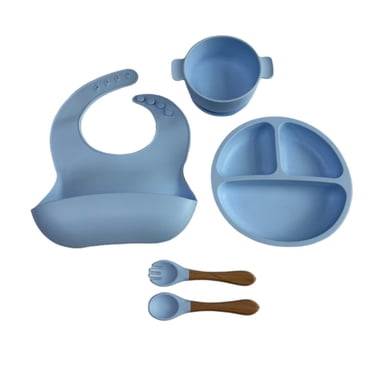 Baby Feeding Silicone Set with Bib  Self-Feeding Spoon  Fork  Divided Suction Plate  Container - 5PCS Self Feeding Baby Utensils
