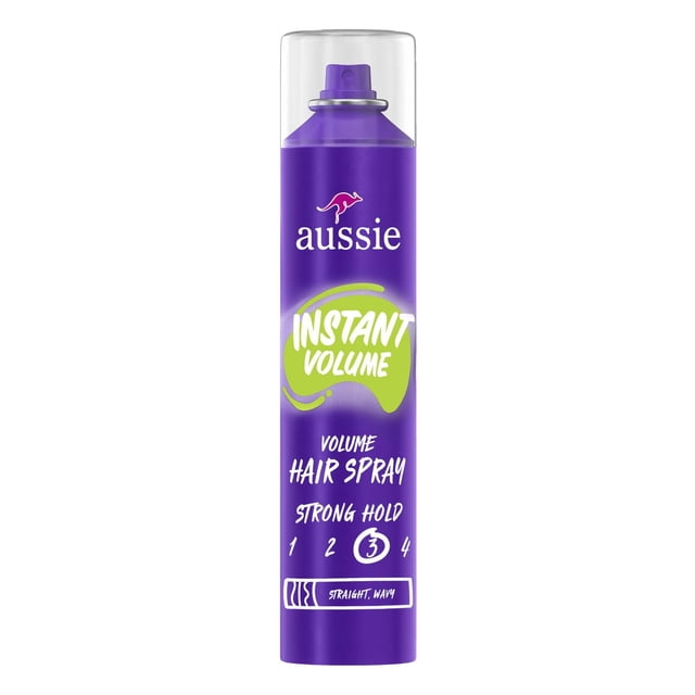 Aussie Vaporisateur Volumisant Instantané pour Cheveux Ondulés et Raides en Aérosol Violet avec Capuchon Transparent, avec Texte Blanc et Vert Affichant un Maintien Élevé Niveau 3, Conçu pour Augmenter le Volume et le style Toute la Journée.