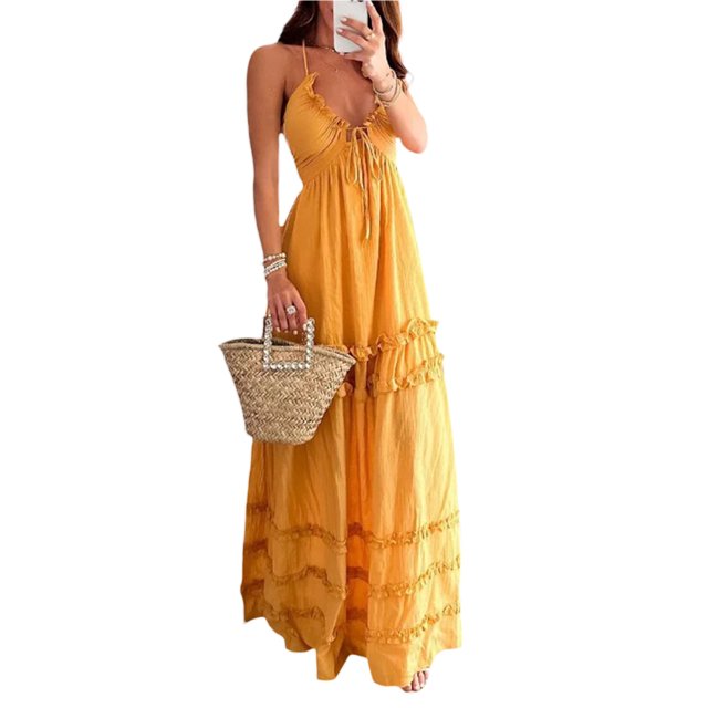 Gupgi Women Halter Long Dress Sleeveless V-Neck Ruffle Ruched Flowy Dress Summer Tie Backless Beach Dresses