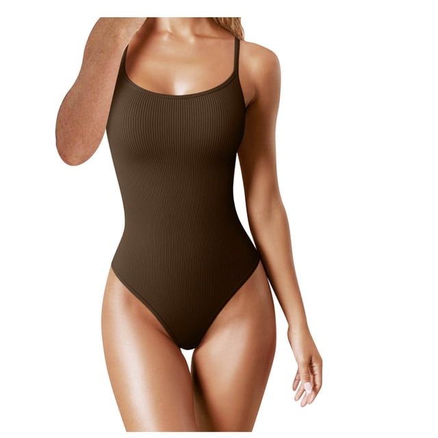 Penkiiy Women's Rompers Women's Threaded Low Neck Sleeveless Tank Top Skinny Bodysuit Coffee S Rompers