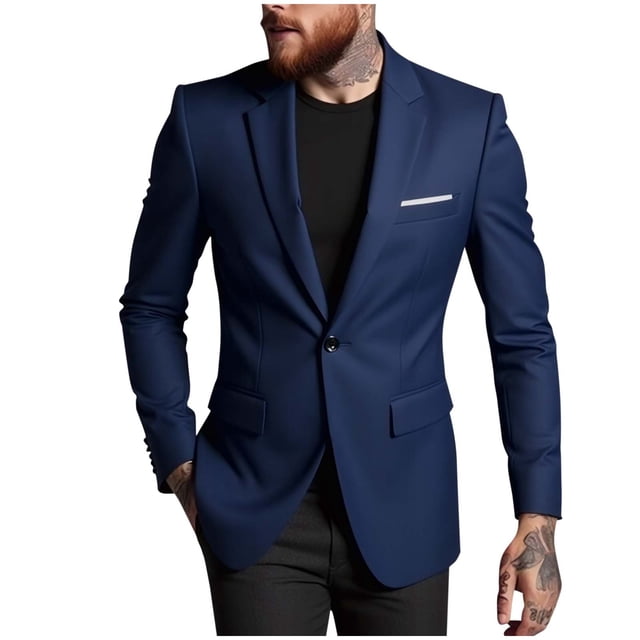 Men's Solid Color Blazer Long Sleeved Lapel Pocket Lightweight Suits Business Casual Buttons Suit Jackets Navy L