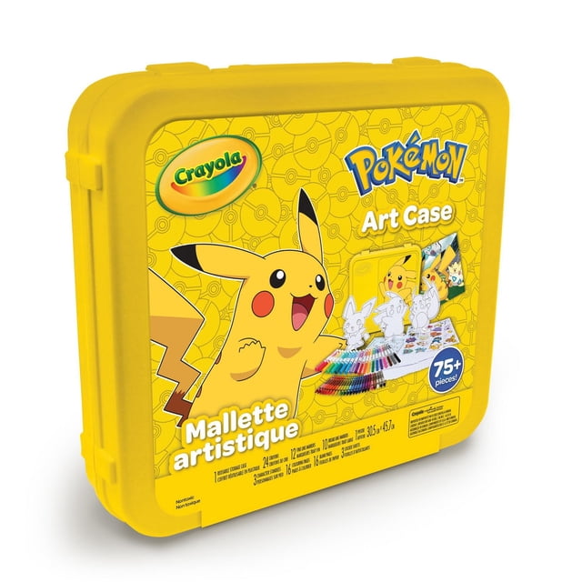 Crayola Pokémon Art Case in yellow featuring Pikachu, a 75-piece kids craft kit with crayons, fine and broad line markers, character standees, Pokémon-themed colouring and blank pages, sticker sheets, and a poster for creative, screen-free activities.