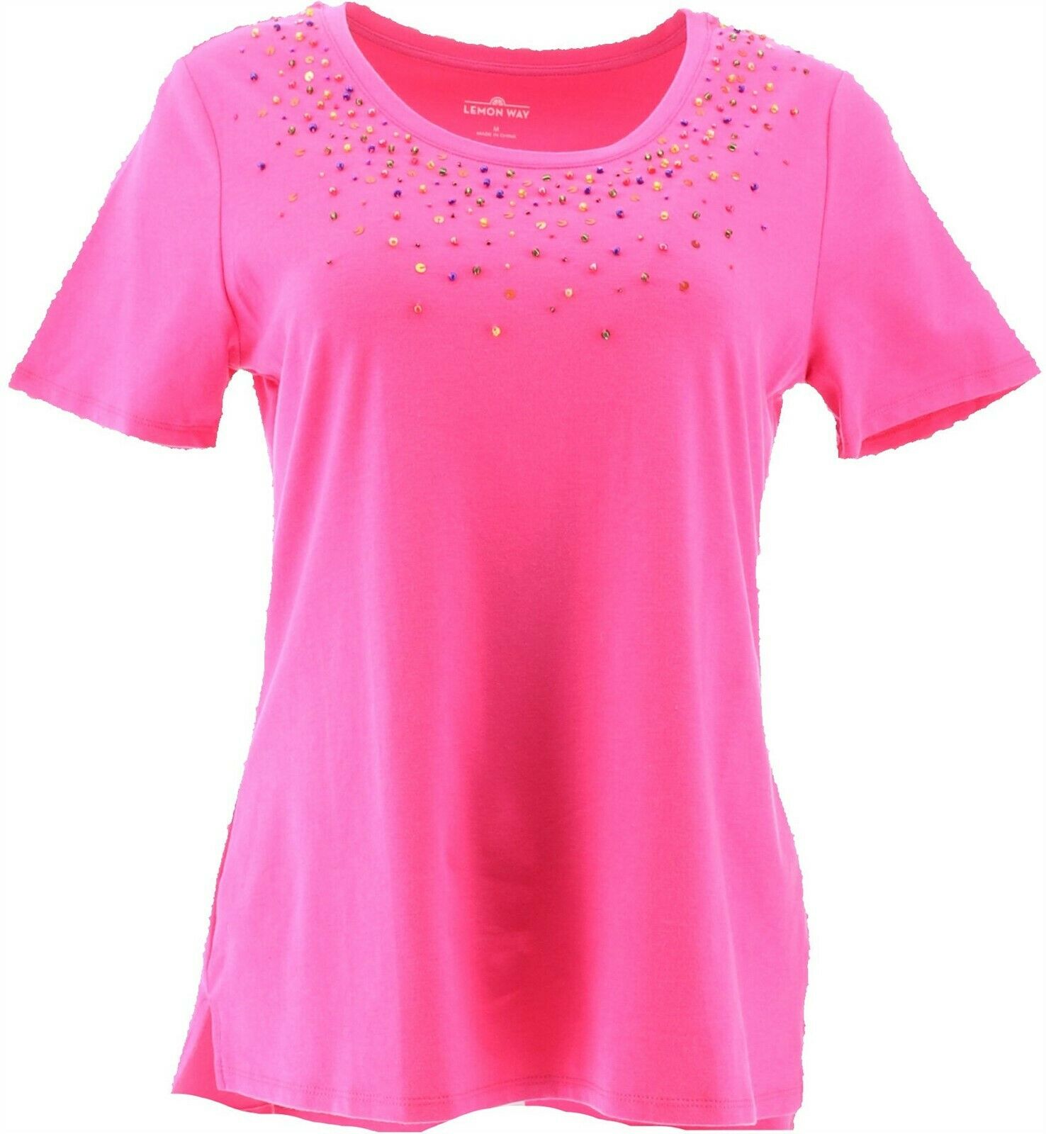 Lemon Way Beaded Short-Slv Tee BRIGHT PINK S NEW 648-391
