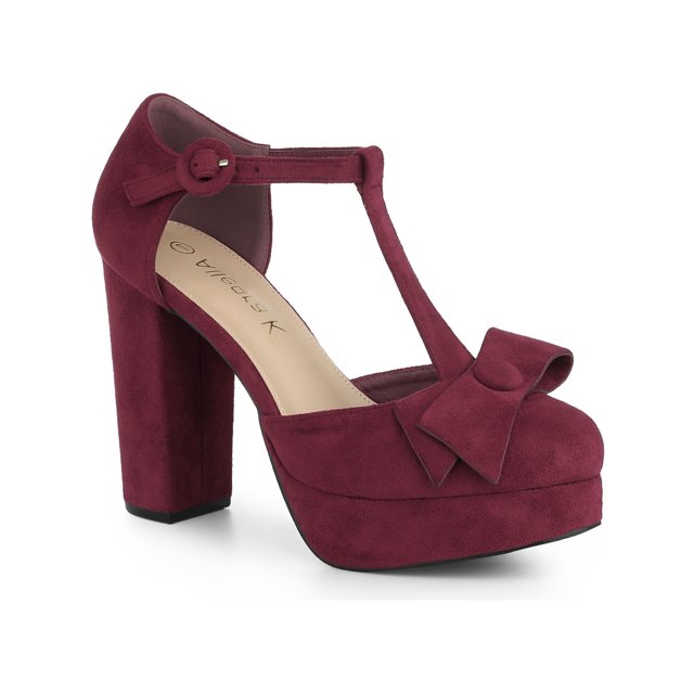 BLISSFUL STEP Women's Shoes Mary Janes Platform Pumps in burgundy with a faux suede finish, featuring a T-strap, ankle strap, round toe, bow decor, and a 4 1/3-inch block heel with a 1 1/6-inch platform for added comfort. Perfect women's heels for casual outings, office wear, or festive occasions.