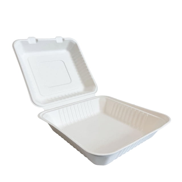Eco Guardian 9” x 9” Fibre Hinged Container open, showing a white compostable bagasse square container with ribbed sides and hinged lid, designed for commercial paper goods and disposables, safe for hot and cold foods, fridge, freezer, microwave, and oven use.