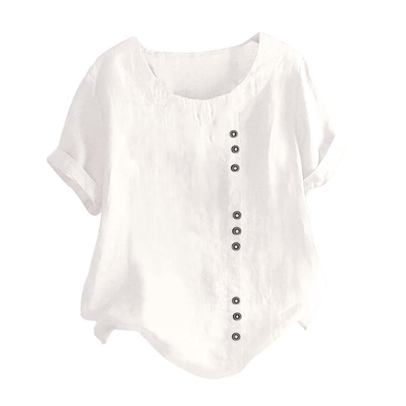 Drindf Women's Linen Shirts Casual Plus Size Tunic Blouse Trendy Button Crew Neck T-Shirts Loose Going Out Travel Tops