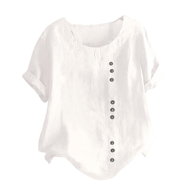 Birdeem Womens Summer Casual Solid Color Round Neck Short Sleeve Tops Buttons Blouses