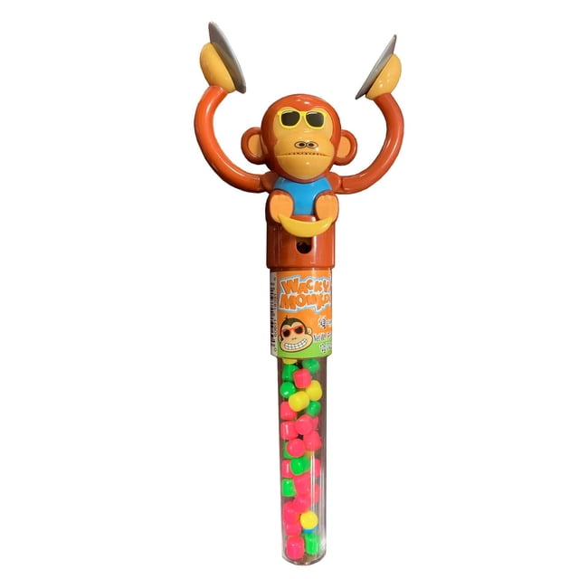 Exclusive Brands Wacky Monkey Filled With Candy Nuggets novelty toy featuring a plastic monkey with raised arms holding cymbals, wearing yellow sunglasses and a blue shirt, attached to a clear tube filled with colorful fruit-flavored candy nuggets, suitable as a fun gag gift for kids.