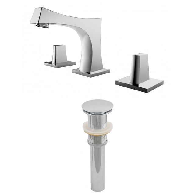 American Imaginations 10.5-in. W Bathroom Faucet Set Chrome AI-1994 with a modern rectangle-shaped chrome faucet and two lever handles on square bases, including a matching pop-up drain, made of stainless steel with a brass finish, designed for above counter bathroom sink installation, suitable for 3-hole 8-in. faucets.