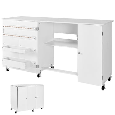KFFKFF Folding Sewing Table, Multipurpose Sewing Machine Table with Cabinet, Compact Design, Wheels, Wooden Pegs, Storage Trays and Shelf, White