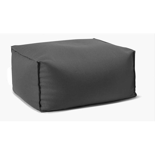 Gouchee Home Chamonix Outdoor/Indoor Charcoal Ottoman Pouf with a minimalist cube shape, made of water-repellent, fade-resistant olefin fabric filled with Canadian polystyrene beads, shown in a front 3/4 view on white background, suitable as a kids' bean bag chair, footrest, or casual seat.