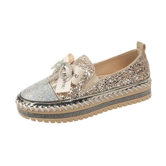 hopeusnice Deals Women's Rhinestone Shoes Glitter Bowknot Slip On Flat Loafers Breathable Comfortable Sneakers Walking Shoes Platform Flats Gold 37
