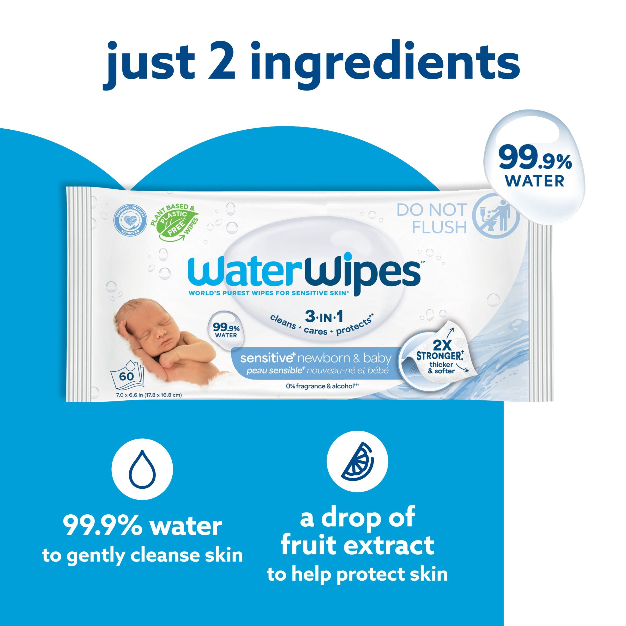 WaterWipes Sensitive Lingettes pour Nouveau-Nés & Bébés, 99.9 % d'Eau, Sans Parfum & Hypoallergéniques