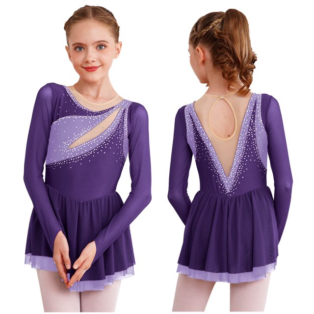 Miaeowve Robe de Patinage Artistique pour Filles, Robe Justaucorps de Ballet de Patinage à Roulettes, Costume de Performance de Danse, Violet 12
