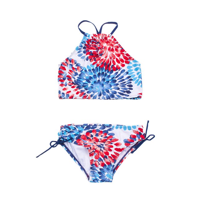 Faithtur 2Pcs Children Summer Swimwear, Floral Tops + Drawstring Briefs Suit