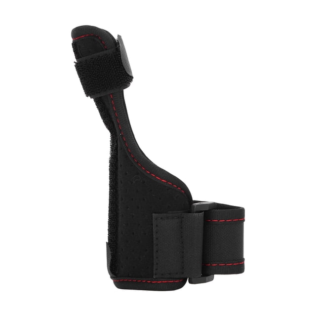 Thumb Support Brace Thumb Tendonitis Splint with a black and red-stitched design, constructed with an aluminum plate for effective thumb stabilization. Features an adjustable hook and fastener for a customizable fit, ideal for thumb injuries, tendonitis, and carpal tunnel relief. Side profile highlights breathable perforated material and ergonomic structure.