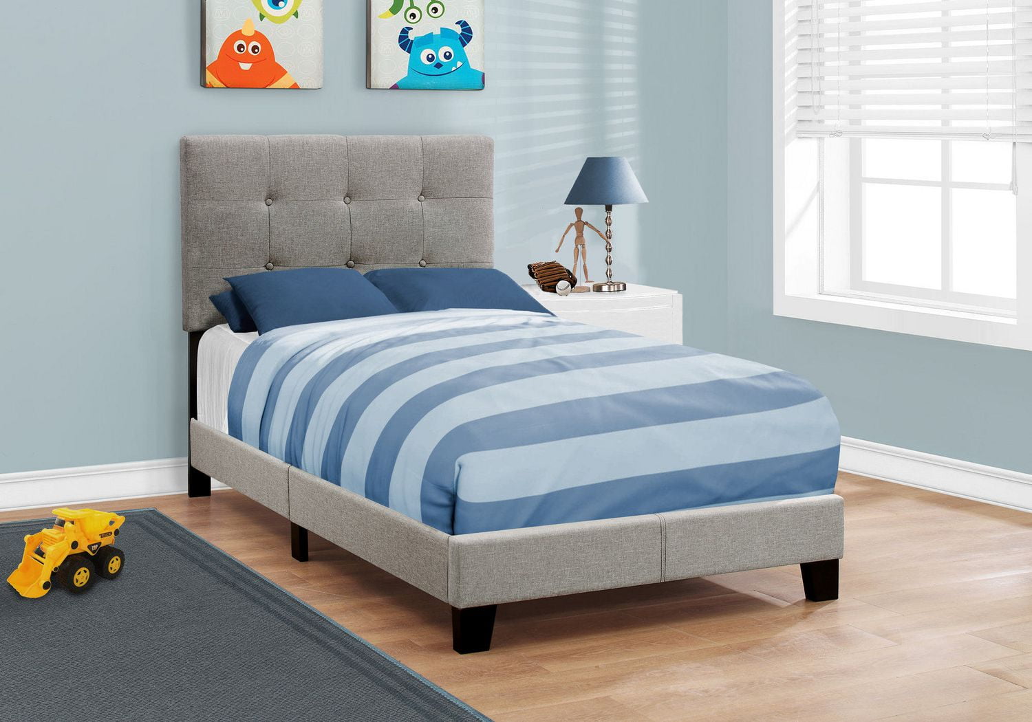 Monarch Specialties Lit, Taille Jumelle, Plate-forme, Adolescent, Cadre, Rembourré, D'aspect Lin, Pattes En Bois, Gris, Transitionnel