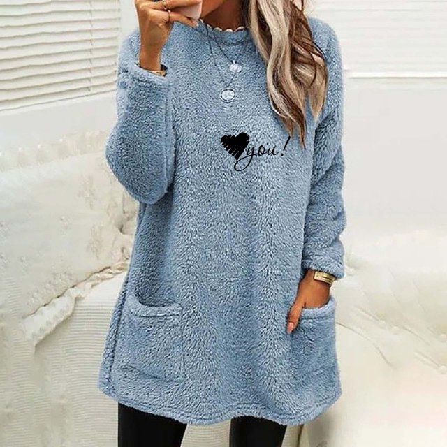 Hauts pour Femmes Col Rond et Hiver Ample Imprimé Poche Chaud Manches Longues Blouse Hauts Halloween Chandail en Molleton Col Rond en Solde