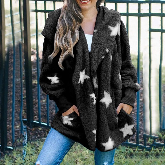 Cardigans pour Femmes Cardigan Mode Décontractée à Capuche avec Poche Étoile à Cinq Branches Cardigan Veste en Peluche en Liquidation