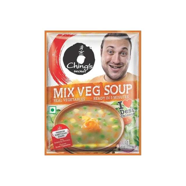Ching's Mélange Secret Soupe de Légumes 55 g Mélange de Soupe Sèche Sachet Comprenant un Bol de Soupe de Légumes Mélangée avec Pois, Carottes et Maïs, Étiqueté Prêt en 5 minutes avec de Vrais Légumes, Convient à 4 Portions, et Marqué du logo de Ching's sur un Fond Blanc et orange.