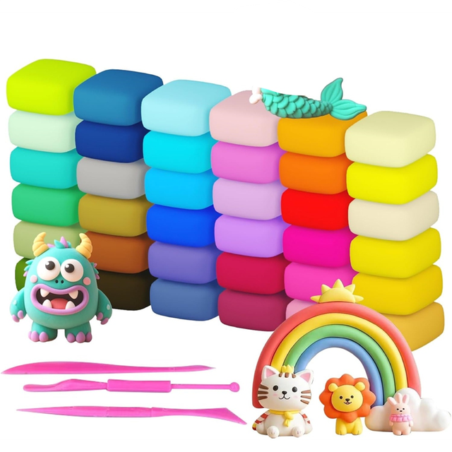 36 Colors Air Dry Clay set featuring 36 brightly colored clay blocks arranged in stacks, accompanied by three pink clay shaping tools. The image also showcases completed clay creations, including a rainbow, a cat, a lion, a bunny, and a monster, highlighting the creative possibilities. Ideal for kids' DIY crafts, art projects, and imaginative play.