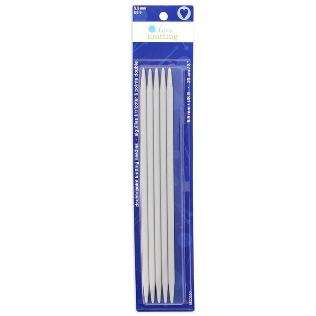 Love Knitting 8" Double Point Knitting Needles - 5 pieces, size 5.5 mm US 9, white plastic double-pointed needles with pointed tips on both ends, in blue and white packaging, suitable for circular knitting and creating tubular shapes like gloves and socks.