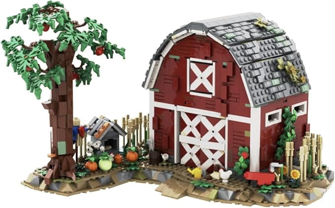 Country Cabin Modular House Building Block Toys, Red Barn Farm Cabin Creative Puzzle Nano Micro DIY Model for Display and Collection, Suitable for Adults Children Boy Girl Fans (1733 PCS)