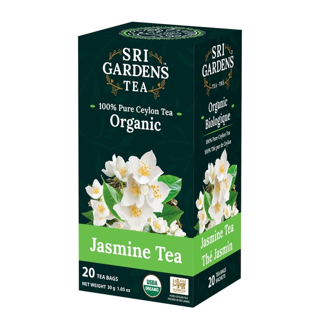 Sri Gardens Tea Jasmine Green Tea, 20 Tea Bags. A box of certified organic Ceylon green tea infused with natural jasmine flavor, offering a smooth floral aroma and taste. Ideal for green tea and matcha enthusiasts, the packaging highlights USDA Organic certification and includes 20 individually wrapped tea bags for freshness.