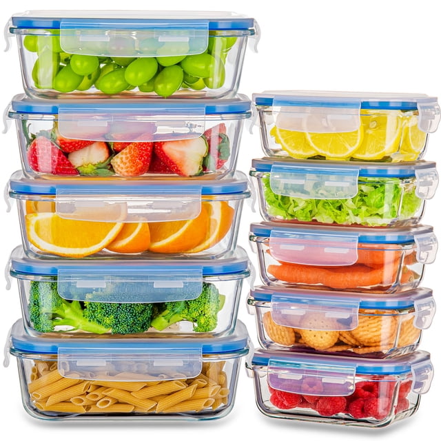 Stelive 10 pcs glass storage food containers, ideal for meal prep and food storage, featuring airtight snap-locking leakproof lids. Shown stacked and filled with fruits, vegetables, and pasta. Made of heat-resistant borosilicate glass, BPA-free, and safe for microwave, freezer, and dishwasher use.