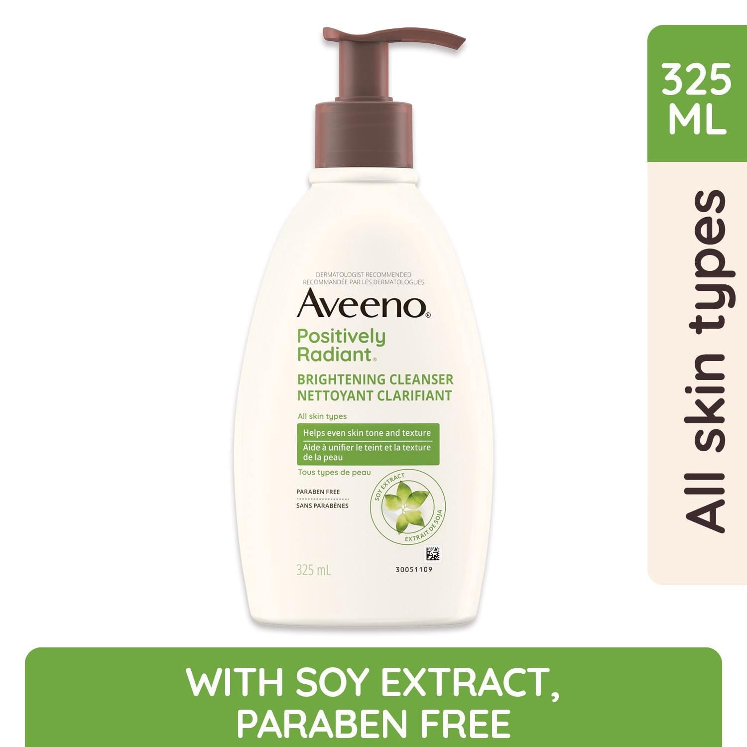 Aveeno Positively Radiant Nettoyant Clarifiant - Démaquillant, Nettoyant pour le Visage à l'Extrait de Soya, Retire l'Huile, Unifie le Teint
