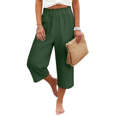 HongQid Women's Linen Blend Wide Leg Capris, Lightweight Breathable Elastic Waist Cropped Pants, Casual Loose-Fit Trousers for Summer Daily Wear, Vacation & Beach