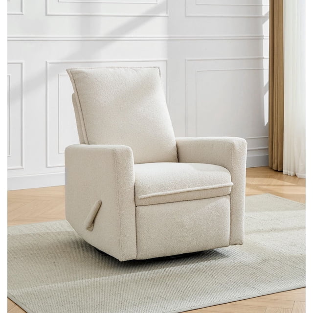 Concord Baby Boucle Swivel Glider Recliner in oatmeal beige boucle fabric with cushioned backrest, roomy armrests, and reclining lever on the side, placed on a light grey rug in a bright nursery with white paneled walls and beige curtains, ideal for nursing mothers.