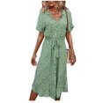 thumbnail image 4 of Robe Midi à Boutons pour Femme, Manches Courtes, Imprimé Floral, Ceinturée, Chemise Ample, Jupe, Mode Urbaine, Rose Rouge, P, 4 of 10