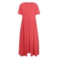 thumbnail image 3 of Robes Caftans en Coton et Lin pour Femmes Grande Taille à Manches Courtes, Amples et Larges, Robe Maxi Plissée à Volants, Longue, Rouge Melon D\'eau, TG, 3 of 3