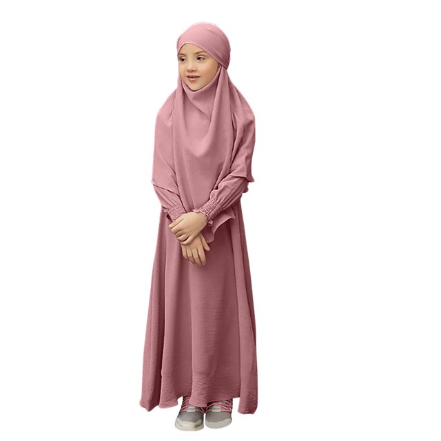 RXMEKW Muslim Dress Set With Shawl for Girls Long Sleeve Round Neck Ruffle Dress 2-Piece Outfit Pink
