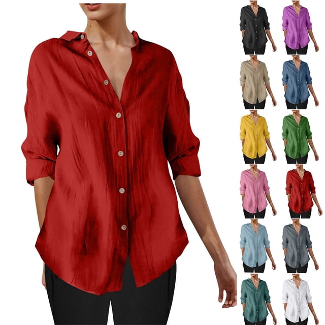 JDQJBZ Hauts d'Été pour Femmes, Chemisier pour Femmes Couleur Unie à Revers Boutonné Manches 3/4 Hauts pour Femmes Hauts Amples Décontractés pour Femmes