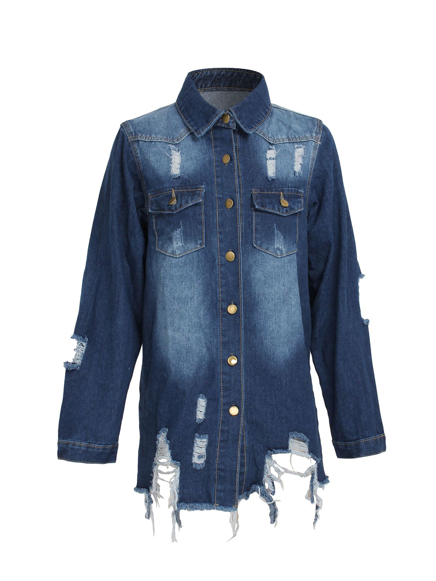 Women Jean Jacket Long Sleeve Classic Distressed Butterfly Denim Overized Shirt Outwear