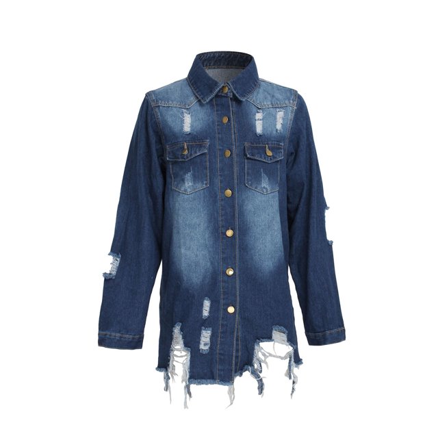 Women Jean Jacket Long Sleeve Classic Distressed Butterfly Denim Overized Shirt Outwear