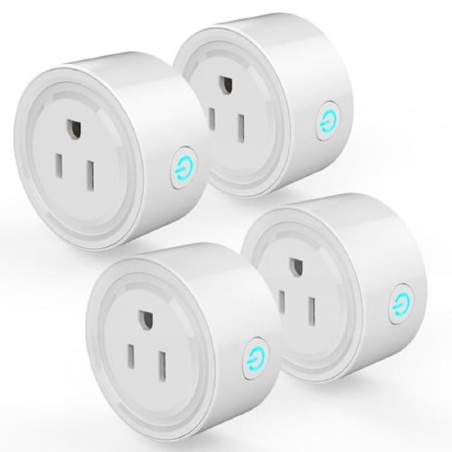 4PCS, Smart Plug Wi-Fi to control your devices from anywhere, shown in a front-angled view. Each white cylindrical plug features a three-prong outlet and a blue illuminated power button. Compatible with Alexa and Google Home, it supports remote on/off, scheduling, temperature-based activation, and group control for heaters and other devices via smartphone app.