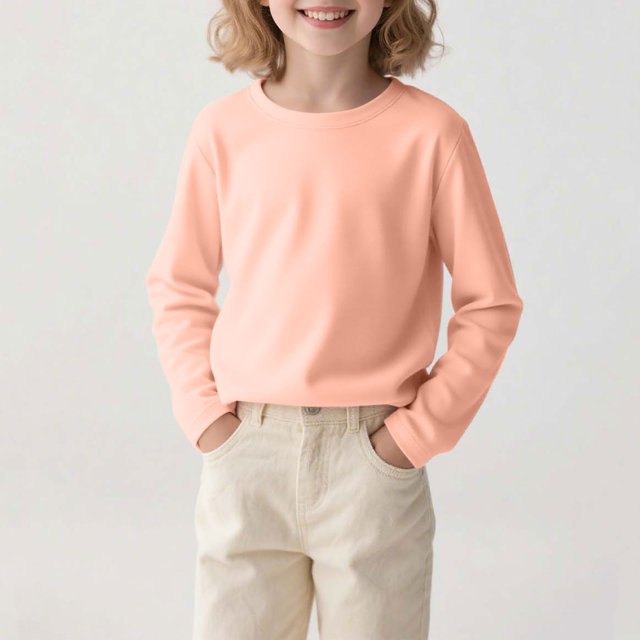 Kids' Solid Color Long Sleeve Round Neck Top - Comfortable Polyester Spandex Blend for Daily Wear, Travel, and Parties