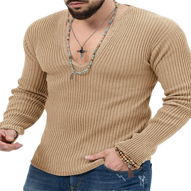 Chandail à Col en V Uni pour Hommes avec Manches Longues et Tricot Côtelé