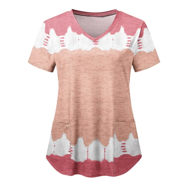 DPTALR Hauts à Manches Courtes pour Femmes à Col en V Uniforme de Travail Blouse à Imprimé avec Poche Hauts