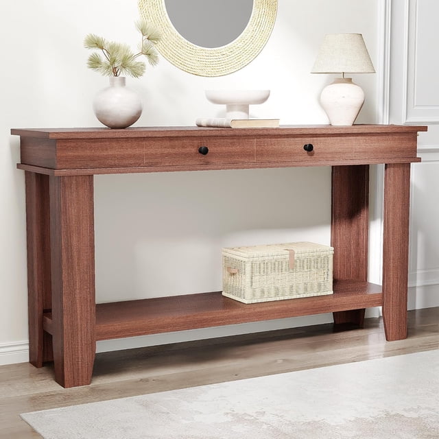 54 Inch Long Console Table – Wooden Entryway Table with 2 Drawers & Open Storage Shelf, Sofa Table Behind Couch, Farmhouse Style Entryway & Hallway Organizer for Living Room
